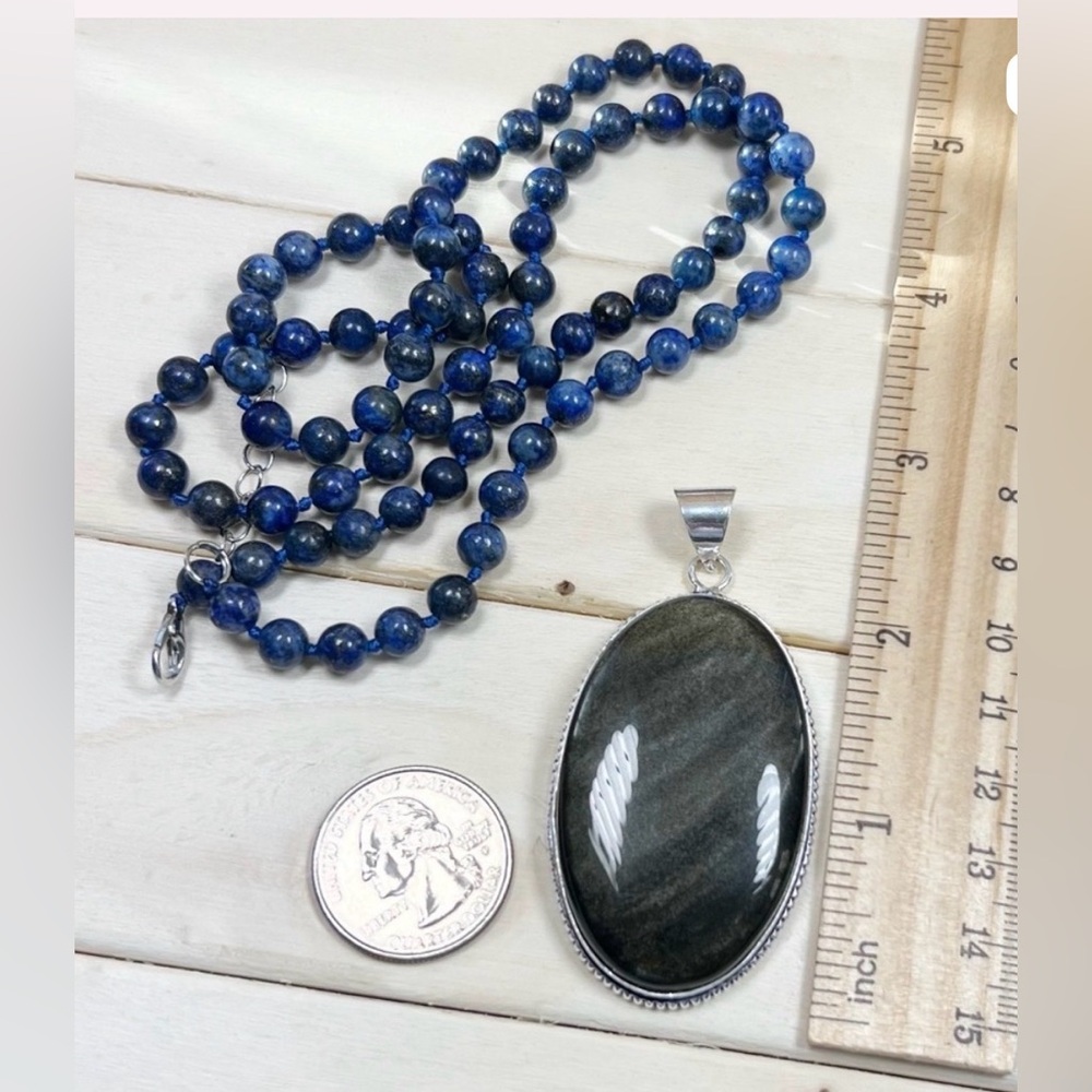 XL Gold Sheen Obsidian Big 925 Pendant Lapis Lazuli Gemstone Bead Necklace Chain - Picture 2 of 8